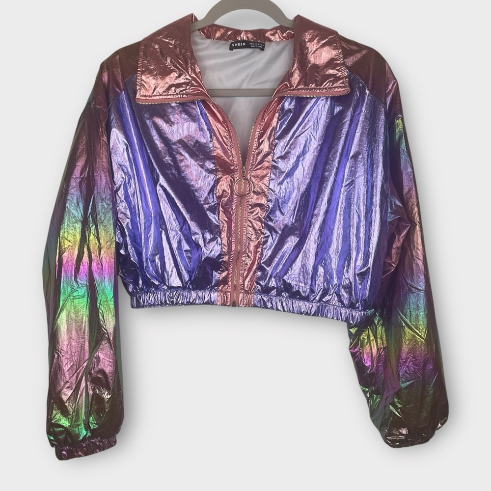 SHEIN Iridescent Holographic Cropped Zip Jacket Size Medium